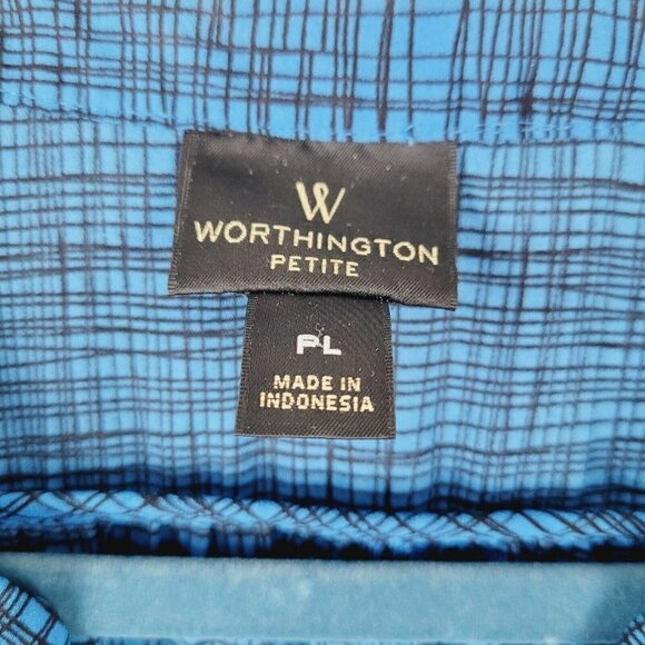 Worthington Petite Women's Blouse Blue Black Print Sz P Large Drop Neck Mature - Picture 4 of 8